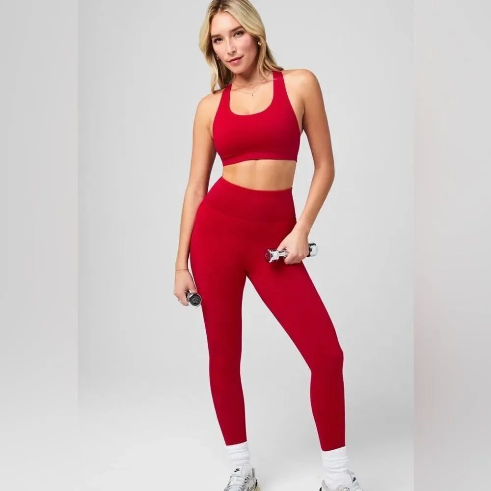 Fabletics L Vibrant Red Athletic Mesh Detail High Waist Sculpt Knit Leggings